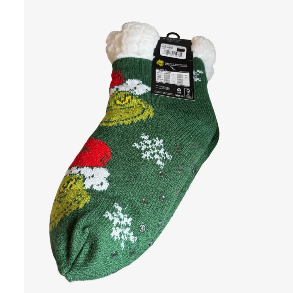 The Grinch Dr Seuss Slipper Socks Green Sherpa Lined Non-Slip Christmas 5-10